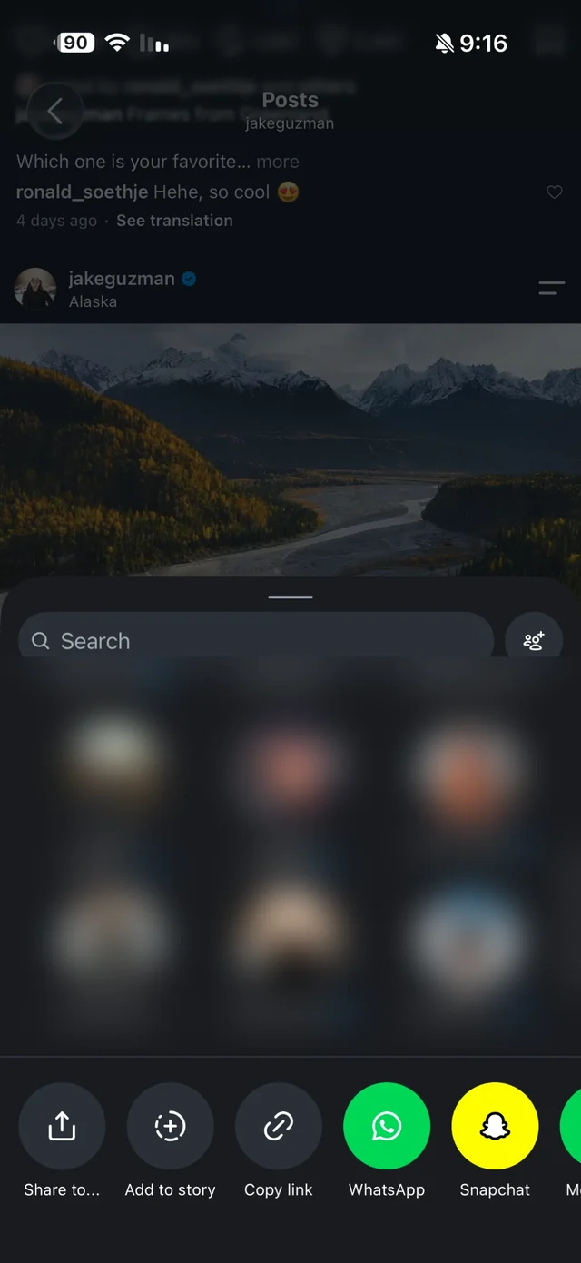 Instagram's own share menu with the Share to button that opens the iPhone share sheet
