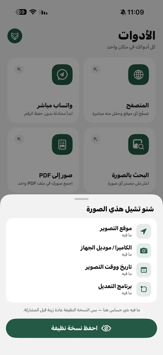 شاشة خصوصية الصور في الرهيب تعرض موقع التصوير والكاميرا وتاريخ التصوير وزر احفظ نسخة نظيفة